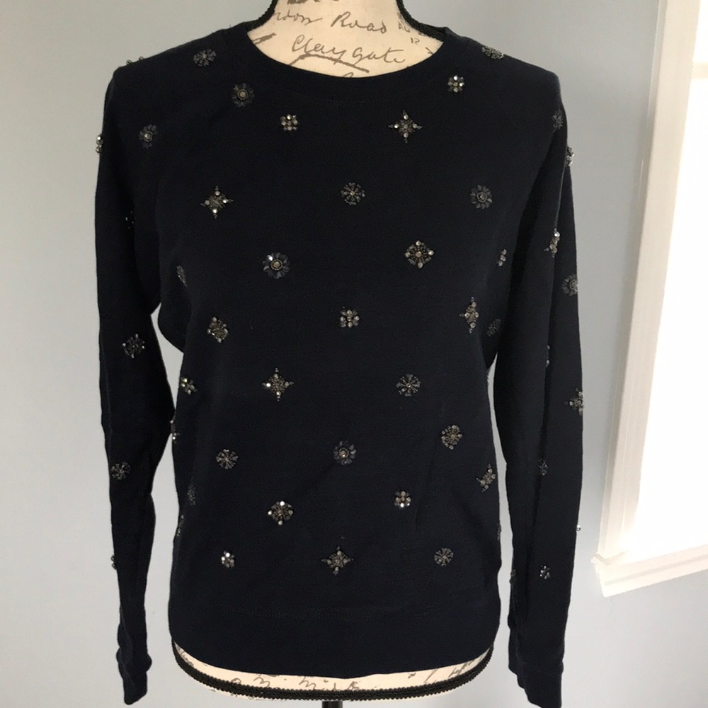 J Crew Beaded Navy French Terry Sweatshirt